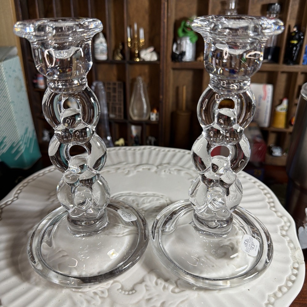 Fitz And Floyd Clear Candle Holders 7" Tall Set Of 2 With Box